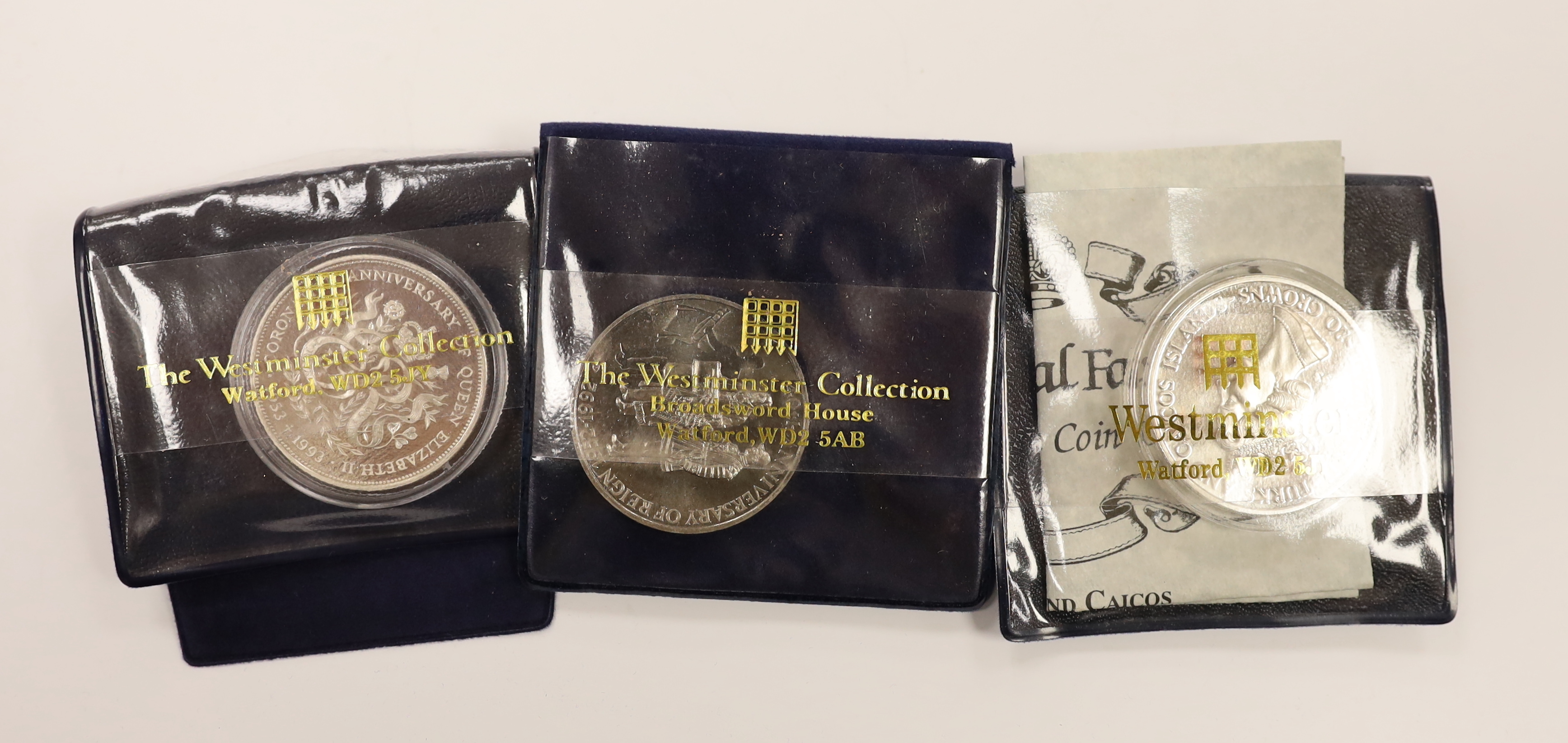 A collection of Royal Mint, Westminster mint and MDM QEII Commonwealth proof silver Royal family commemorative coins, and nine cased Royal Mint silver proof c.1992-95, in four large cases